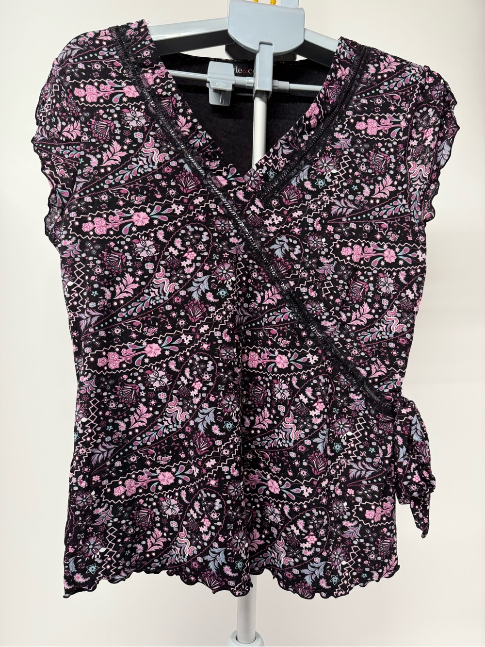 Style & Co. Black Wrap Blouse with Pink Floral Print